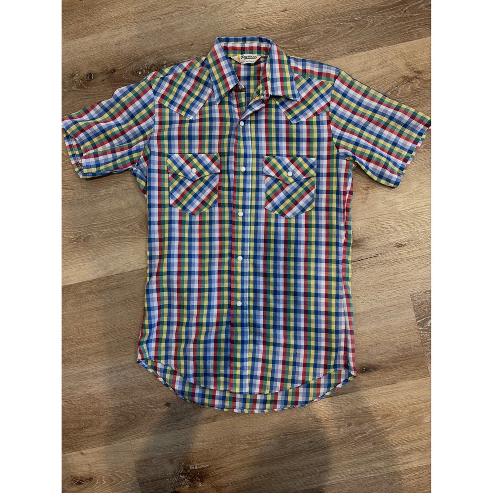 Vintage Key Imperial Mens Rainbow Plaid Pearl Snap Western Shirt Short Sleeve